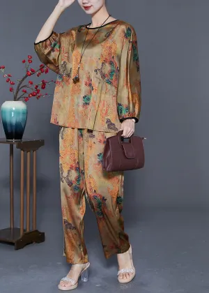 Bohemian Khaki Oversized Print Wrinkled Silk Women Sets 2 Pieces Summer LY5585