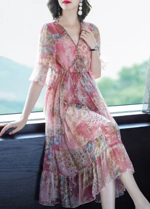 Bohemian Pink V Neck Print Chiffon Long Dresses Summer LY0509