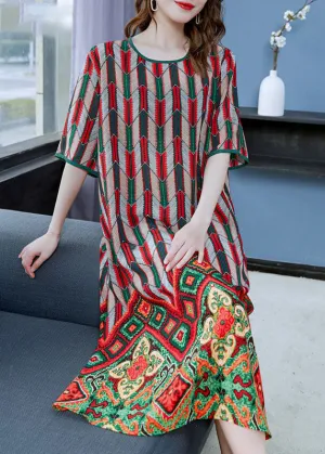 Bohemian Red O Neck Print Patchwork Chiffon Dresses Summer LY7785