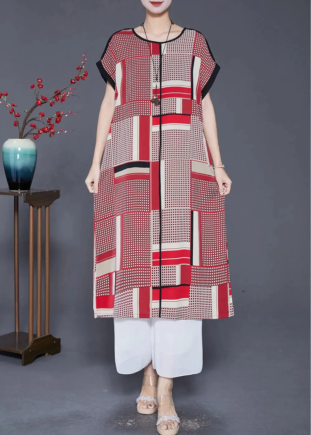 Bohemian Red Oversized Print Silk Long Dress Summer LY8064