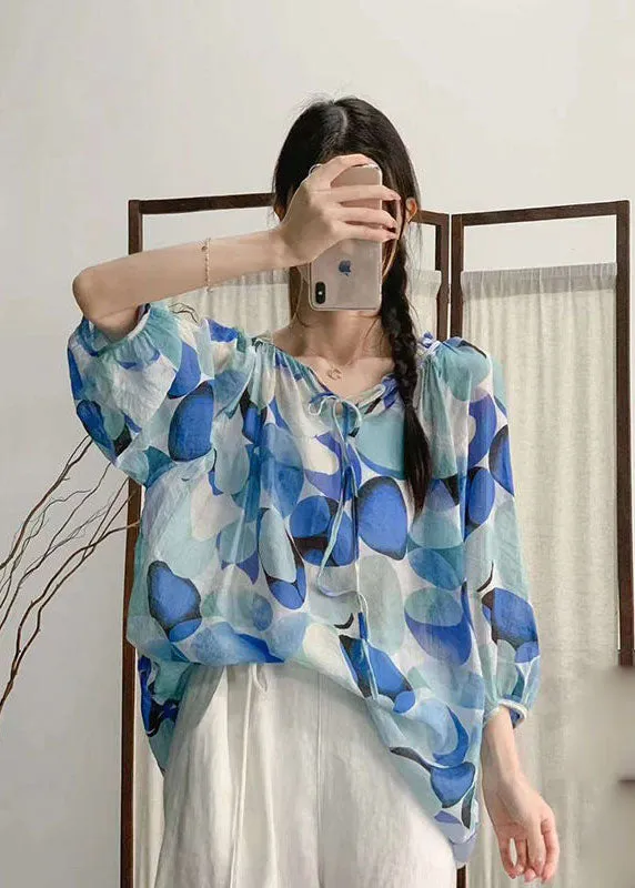 Bohemian Rose Ruffled Print Patchwork Linen Shirt Tops  Summer LY2485