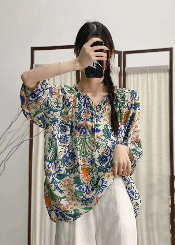 Bohemian Rose Ruffled Print Patchwork Linen Shirt Tops  Summer LY2485