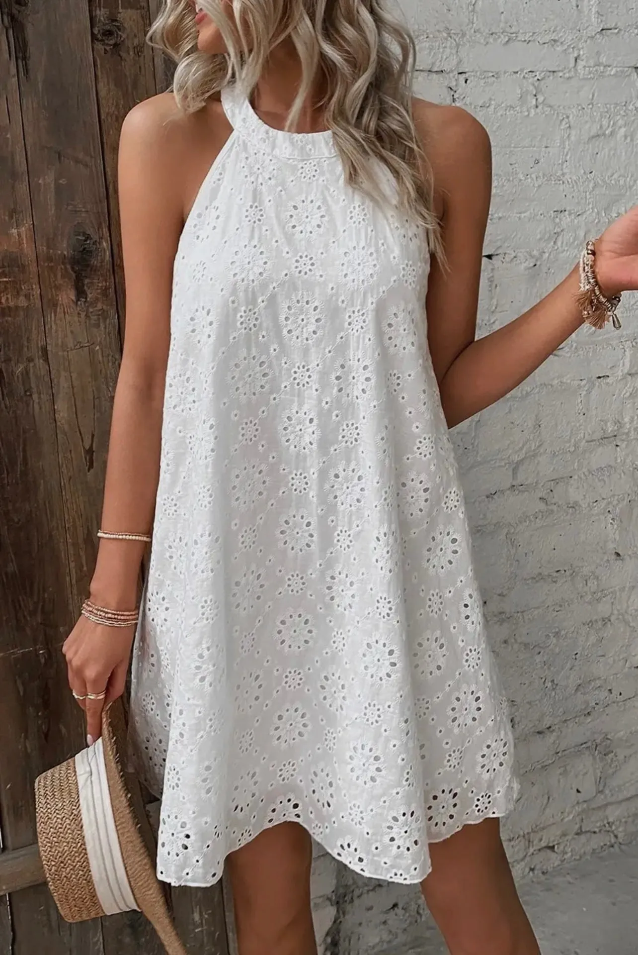 Boho Eyelet Halter Dress