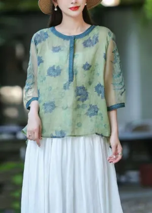 Boho Green O Neck Organza Embroideried Patchwork Linen Top Summer LY4077