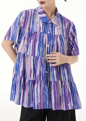 Boho Striped Peter Pan Collar Wrinkled Patchwork Silk Cotton Blouse Summer LY9292