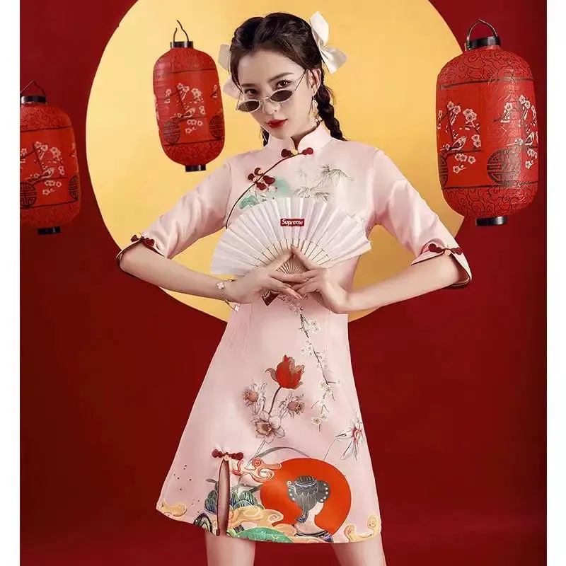 Bonnyshow  GuoChao Modern Chinese  Dress for Girls Cheongsam A-line Dress Women Qipao Traditional Chinese Improved Cheongsam Dress