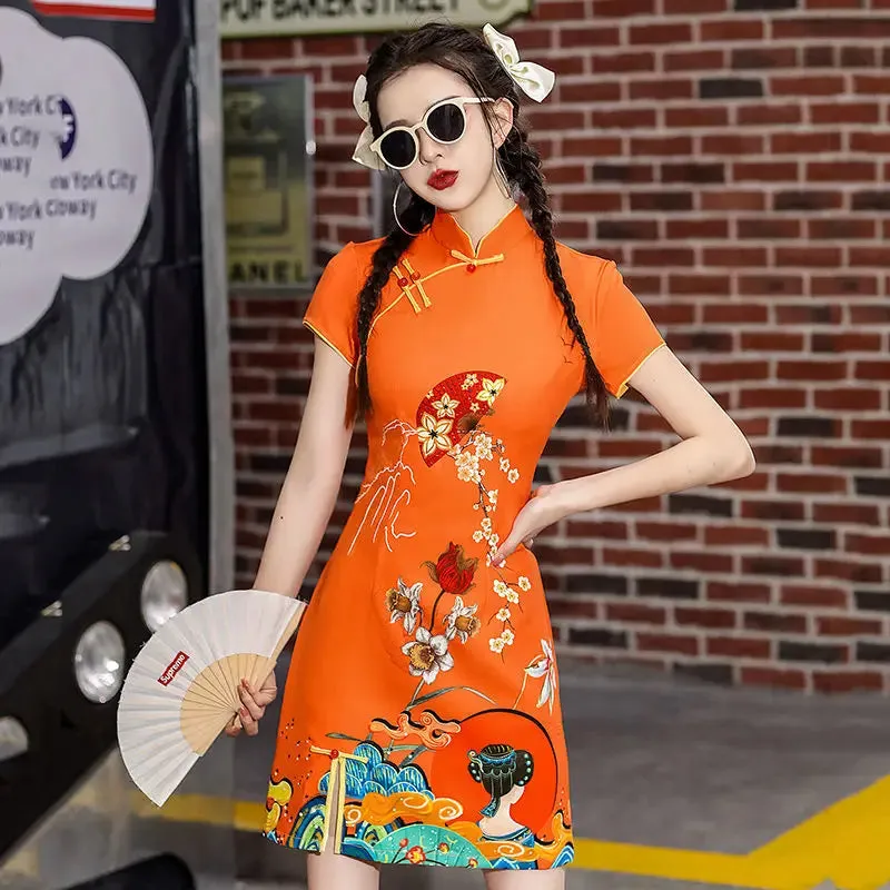 Bonnyshow  GuoChao Modern Chinese  Dress for Girls Cheongsam A-line Dress Women Qipao Traditional Chinese Improved Cheongsam Dress