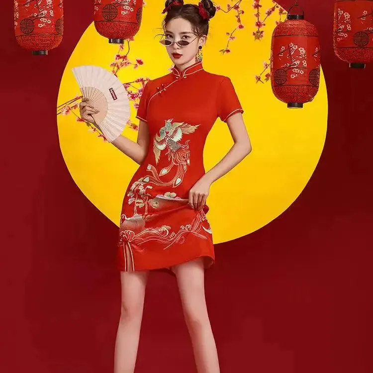 Bonnyshow  GuoChao Modern Chinese  Dress for Girls Cheongsam A-line Dress Women Qipao Traditional Chinese Improved Cheongsam Dress