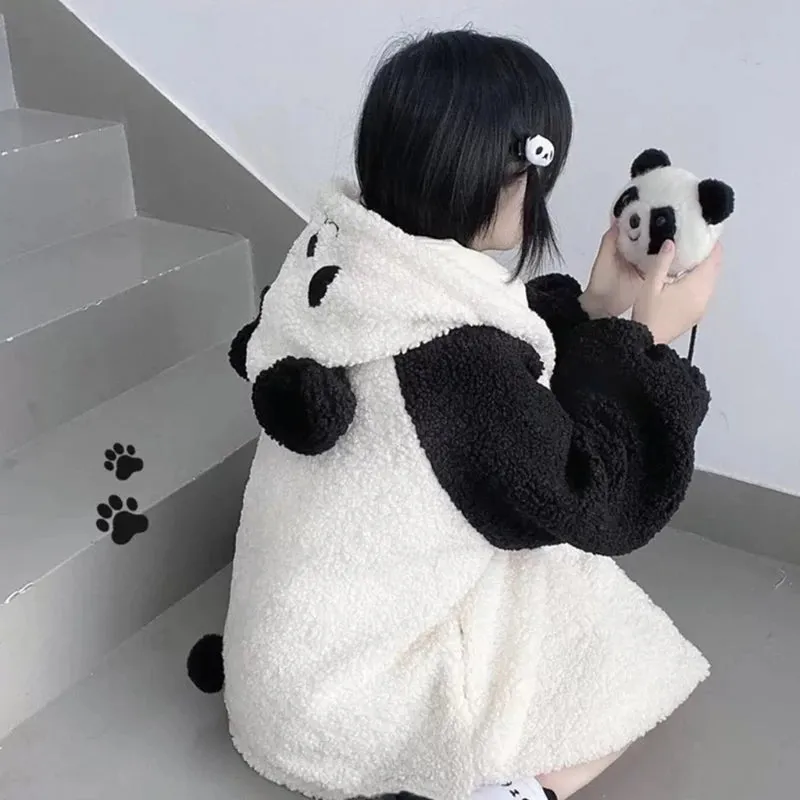 Bonnyshow Women Winter Faux Fleece Hoodies Jacket Harajuku Kawaii Cartoon Panda Ears Long Sleeve Sweatshirt Oversized Button Down Plush