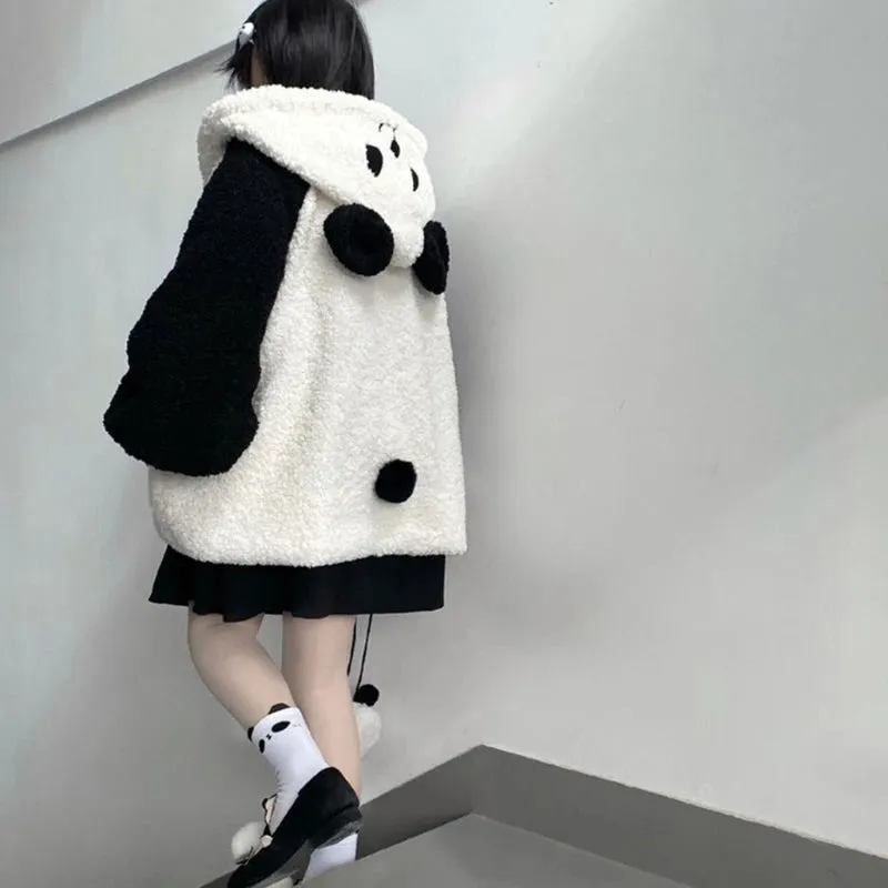 Bonnyshow Women Winter Faux Fleece Hoodies Jacket Harajuku Kawaii Cartoon Panda Ears Long Sleeve Sweatshirt Oversized Button Down Plush