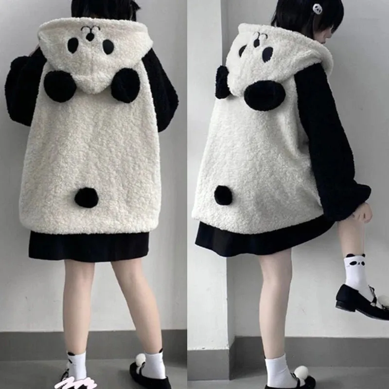 Bonnyshow Women Winter Faux Fleece Hoodies Jacket Harajuku Kawaii Cartoon Panda Ears Long Sleeve Sweatshirt Oversized Button Down Plush
