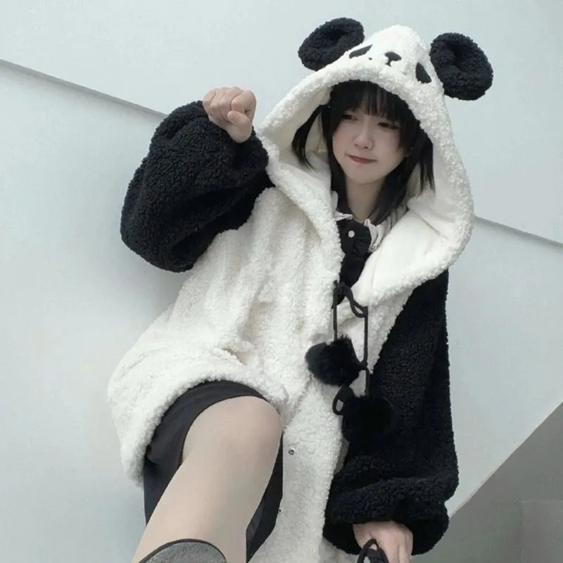 Bonnyshow Women Winter Faux Fleece Hoodies Jacket Harajuku Kawaii Cartoon Panda Ears Long Sleeve Sweatshirt Oversized Button Down Plush