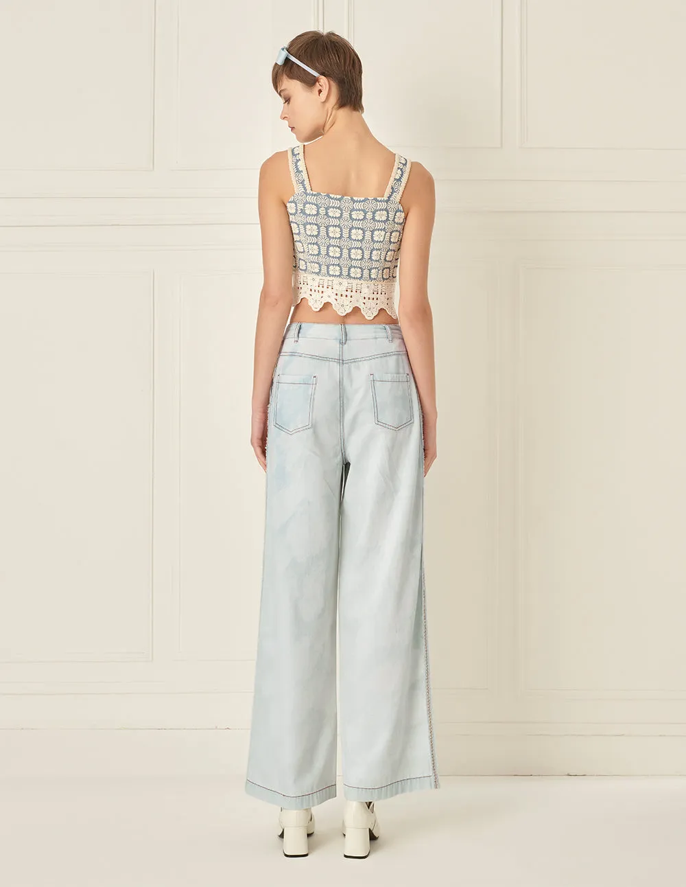 BORA AKSU Casual And Versatile White Washed Denim Wide-Leg Pants