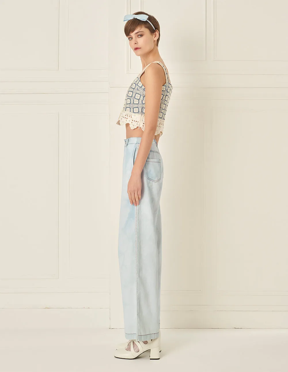 BORA AKSU Casual And Versatile White Washed Denim Wide-Leg Pants