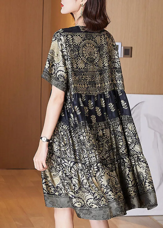 Boutique Gold O-Neck Print Wrinkled Patchwork Silk Dresses Summer TF1047