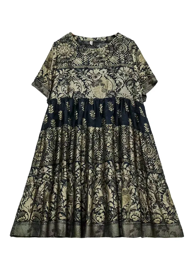 Boutique Gold O-Neck Print Wrinkled Patchwork Silk Dresses Summer TF1047