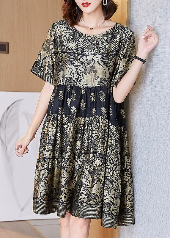 Boutique Gold O-Neck Print Wrinkled Patchwork Silk Dresses Summer TF1047