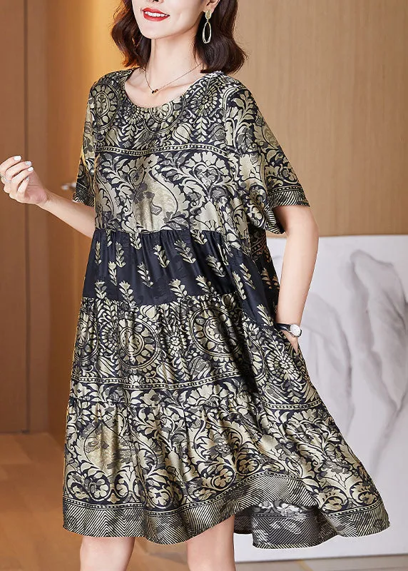 Boutique Gold O-Neck Print Wrinkled Patchwork Silk Dresses Summer TF1047
