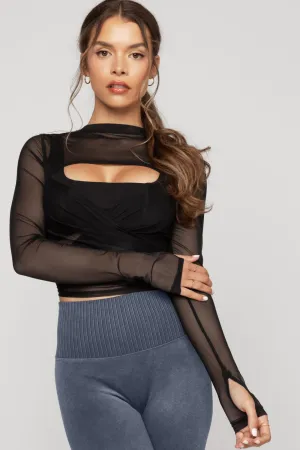 Bow Back Long Sleeve Mesh Top - Black