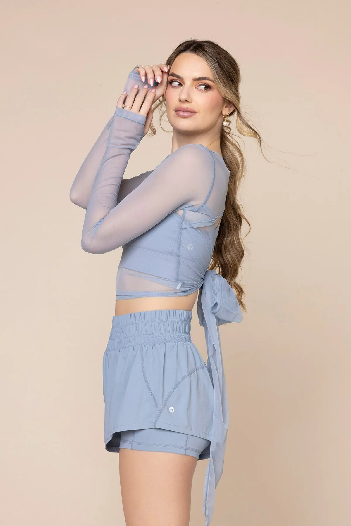 Bow Back Mesh Reversible Long Sleeve Top - Blue Storm