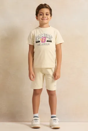 Boys Beige Printed Casual Set (2 Piece)