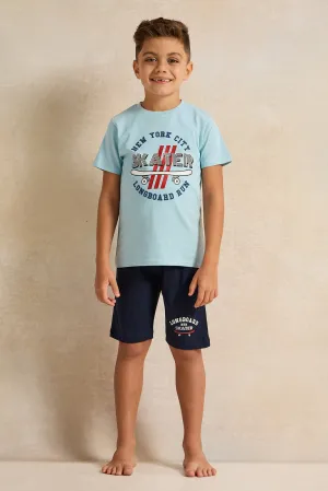 Boys Blue And Navy Printed Pyjama Set (2 Piece)