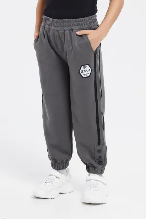 Boys Grey Hem Button Interlock Jog Pants