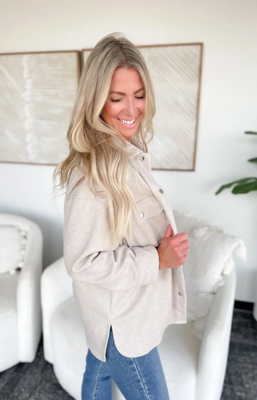 Brielle Snap Button Solid Oatmeal Shacket