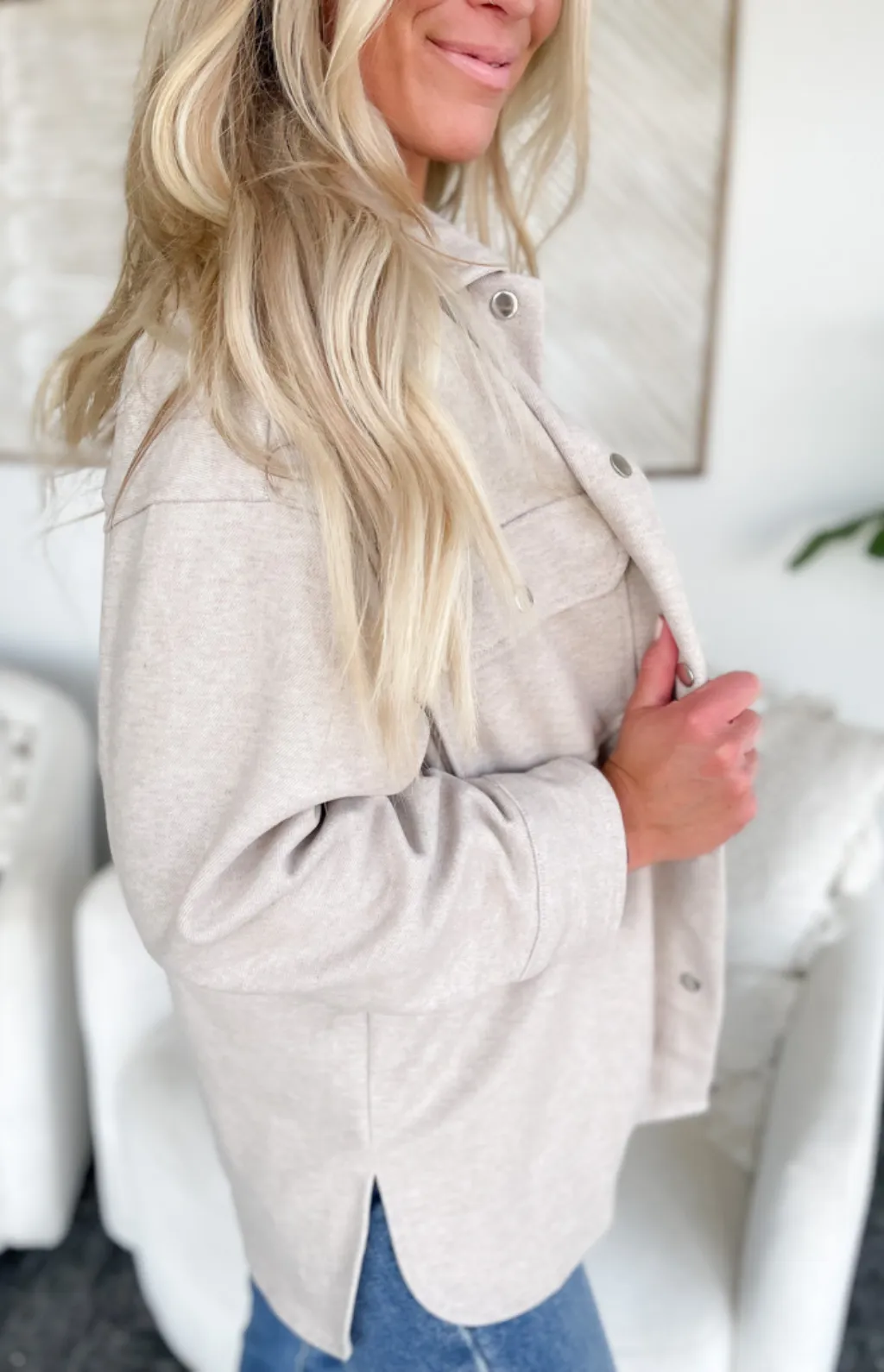 Brielle Snap Button Solid Oatmeal Shacket