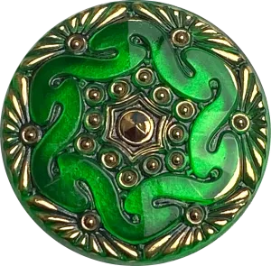 Bright Green Handpainted Czech Lacy Glass Button, 1-1/16", Susan Clarke #SC1519E