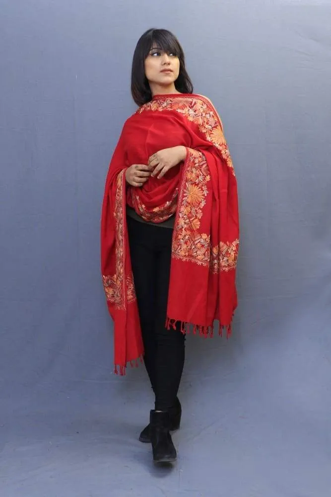 Bright Maroon Colour Shawl With Kashmiri Four Sided Border Add Elegance To The Personality Of The Wearer.
