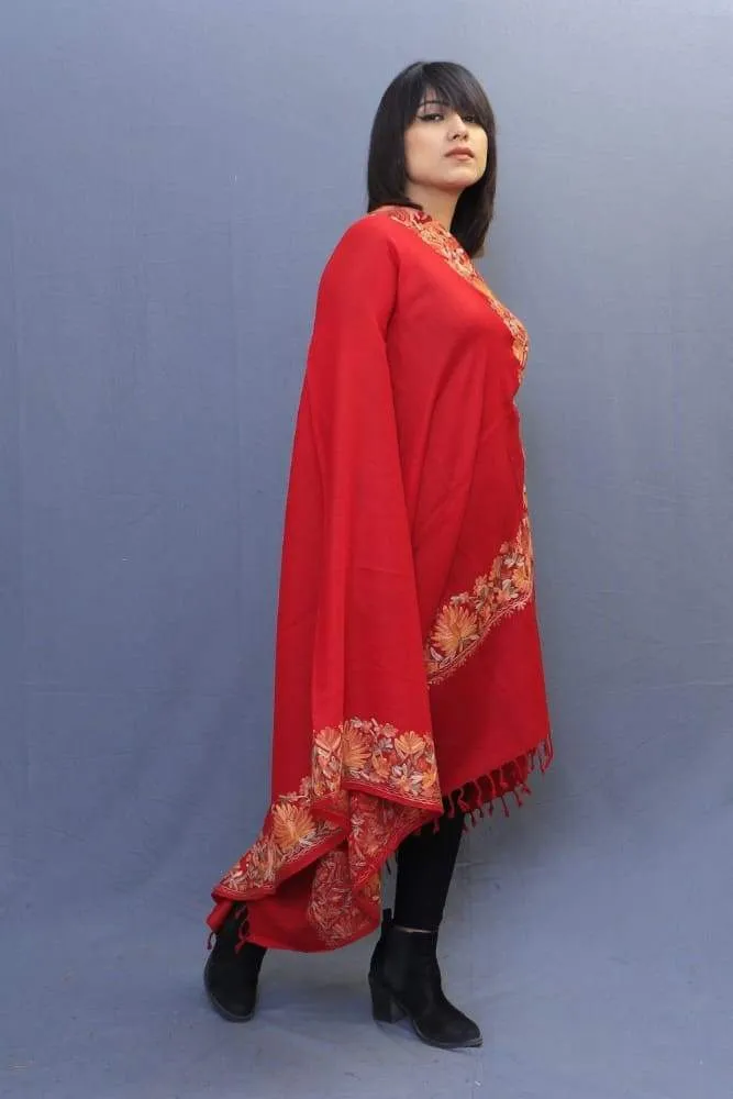 Bright Maroon Colour Shawl With Kashmiri Four Sided Border Add Elegance To The Personality Of The Wearer.