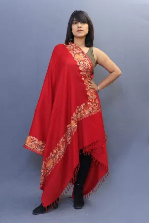 Bright Maroon Colour Shawl With Kashmiri Four Sided Border Add Elegance To The Personality Of The Wearer.