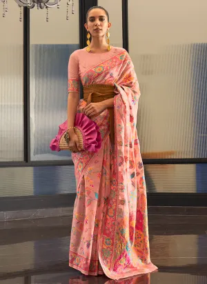 Bright Peach Kashmiri Handloom Weaved Silk Saree