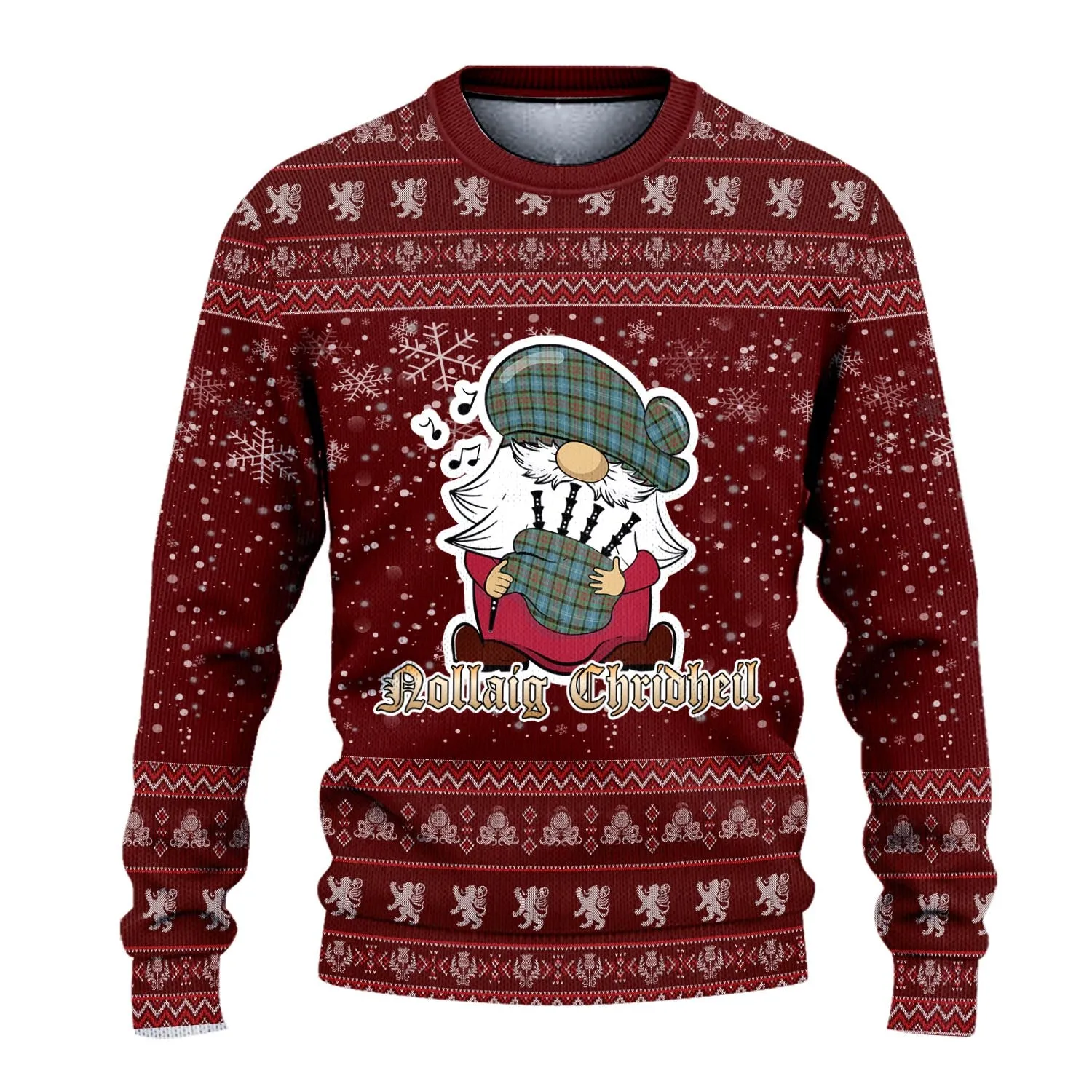 Brisbane Clan Christmas Family Ugly Sweater with Funny Gnome Playing Bagpipes