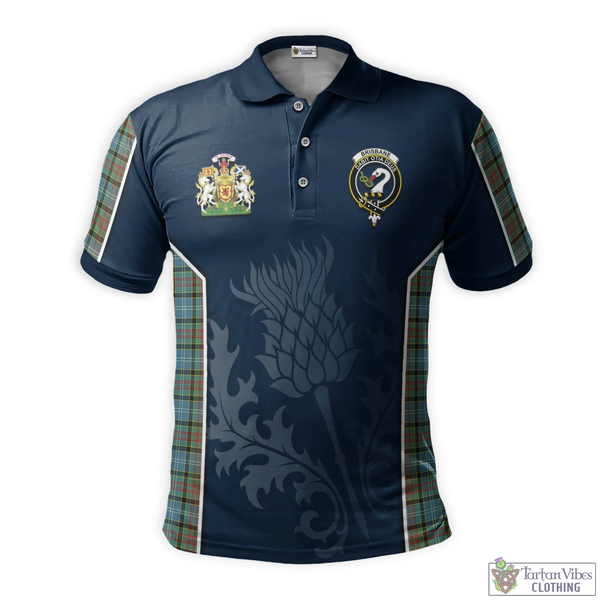 Brisbane Tartan Men's Polo Shirt with Family Crest and Scottish Thistle Vibes Sport Style