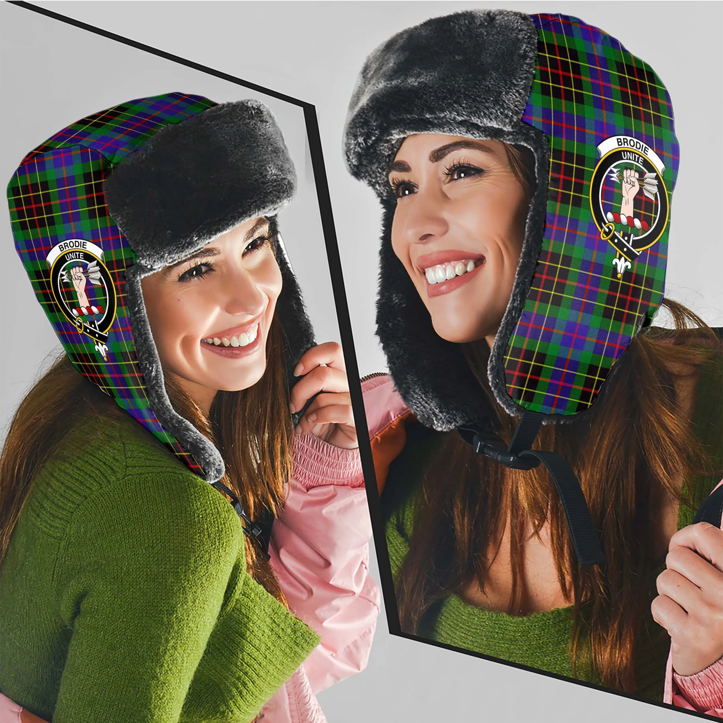 Brodie Hunting Modern Tartan Winter Trapper Hat with Family Crest