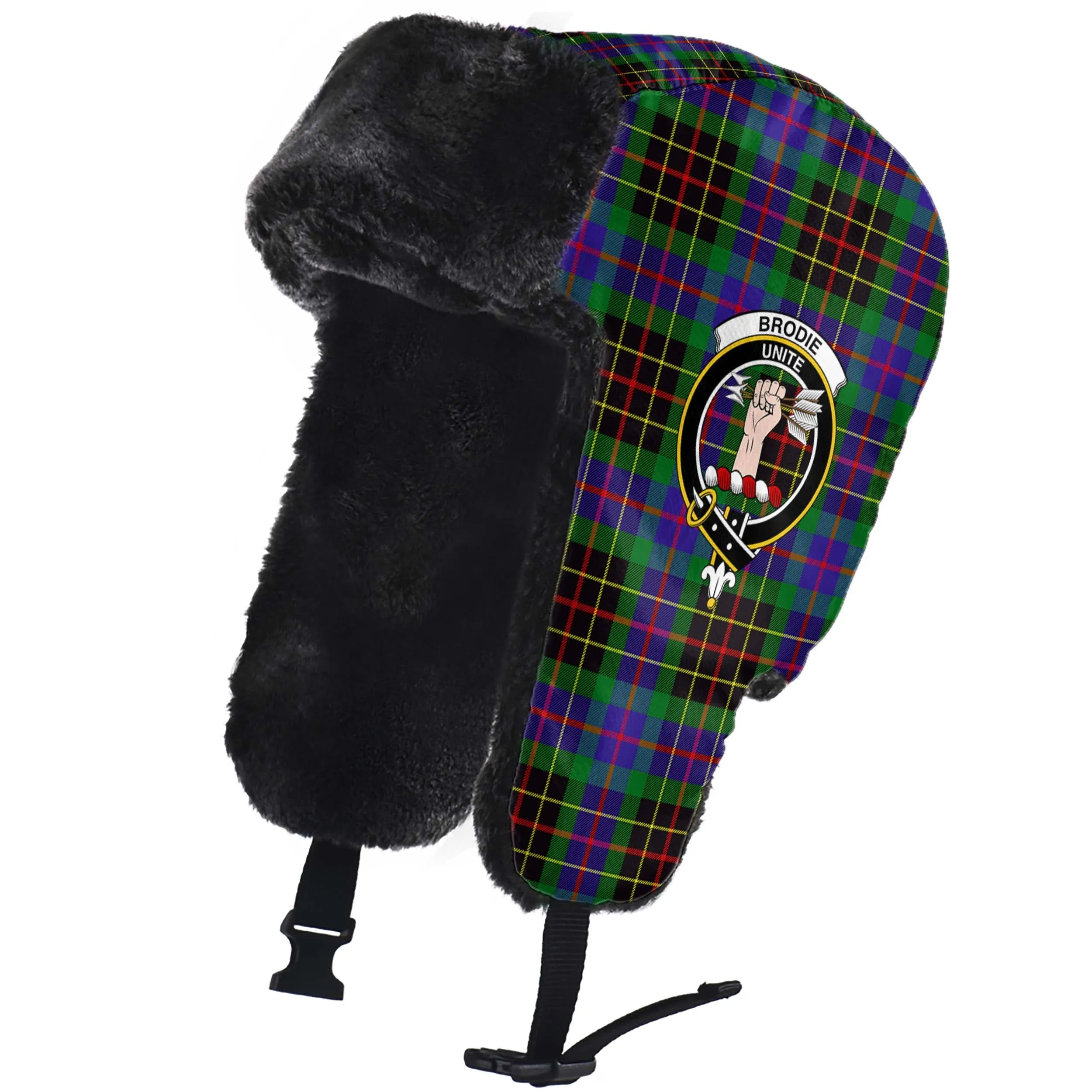 Brodie Hunting Modern Tartan Winter Trapper Hat with Family Crest