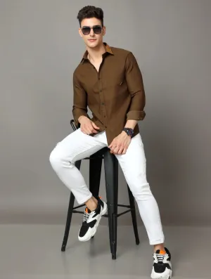 Brown Cotton Self Stripe Corduroy With Leather Constrast Shirt