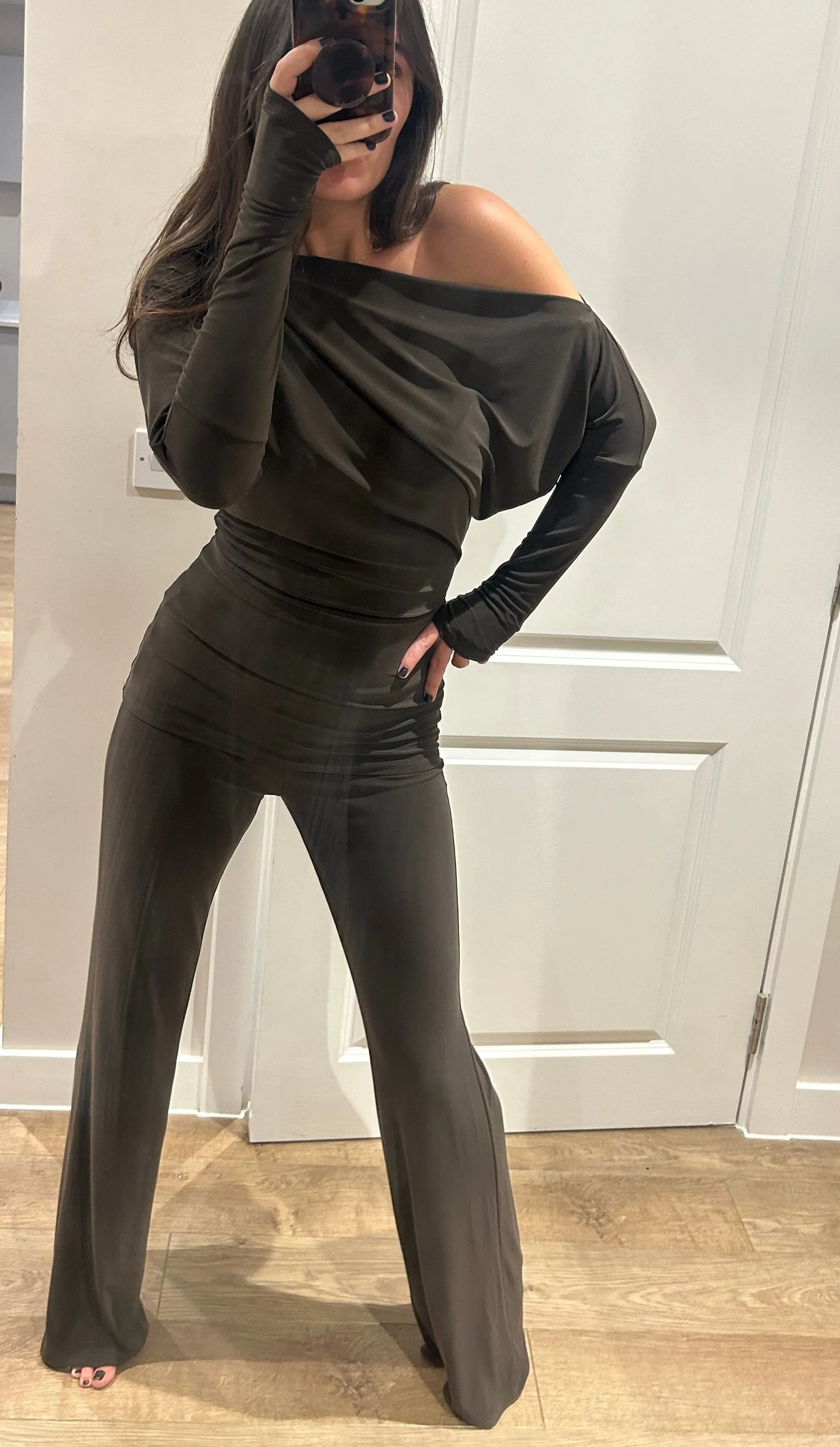 Brown Off Shoulder Suit