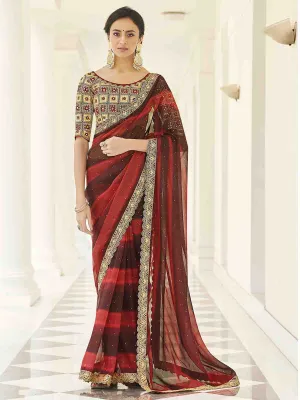 Brown Organza Embroidered Saree With Unstitched Blouse