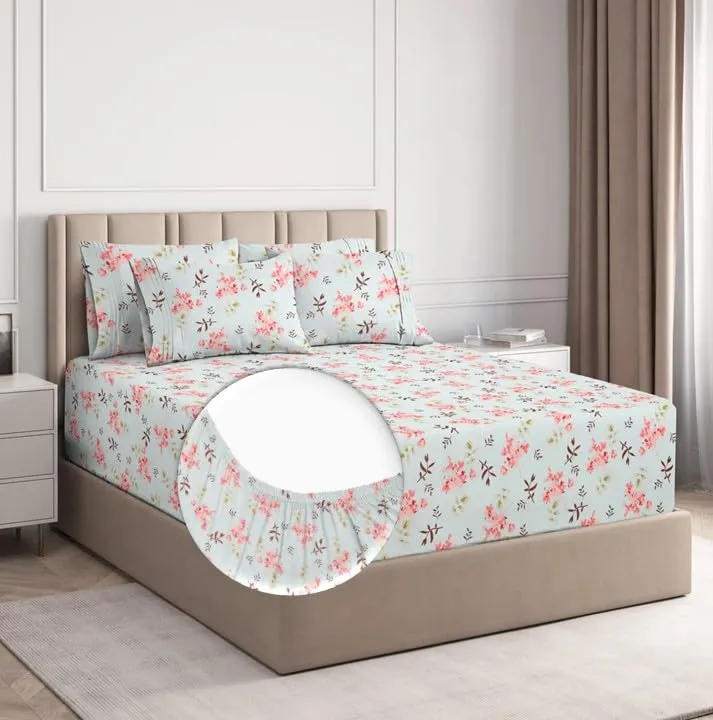 BSB HOME Premium Cotton All Round Elastic Fitted Bedsheets for Double Bed with 2 King Size Pillow Covers 220tc Supersoft |Wrinkel Free Bed Cover Size - 72 x 78  10 inches | Pink Flower & Aqua
