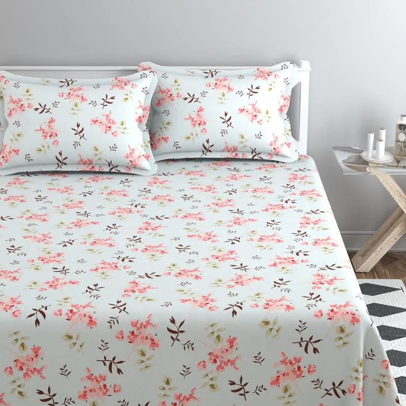 BSB HOME Premium Cotton All Round Elastic Fitted Bedsheets for Double Bed with 2 King Size Pillow Covers 220tc Supersoft |Wrinkel Free Bed Cover Size - 72 x 78  10 inches | Pink Flower & Aqua