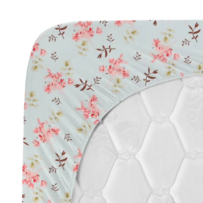 BSB HOME Premium Cotton All Round Elastic Fitted Bedsheets for Double Bed with 2 King Size Pillow Covers 220tc Supersoft |Wrinkel Free Bed Cover Size - 72 x 78  10 inches | Pink Flower & Aqua