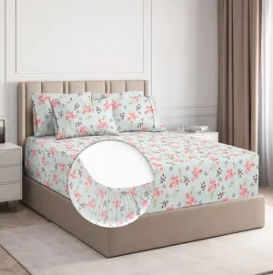 BSB HOME Premium Cotton All Round Elastic Fitted Bedsheets for Double Bed with 2 King Size Pillow Covers 220tc Supersoft |Wrinkel Free Bed Cover Size - 72 x 78  10 inches | Pink Flower & Aqua