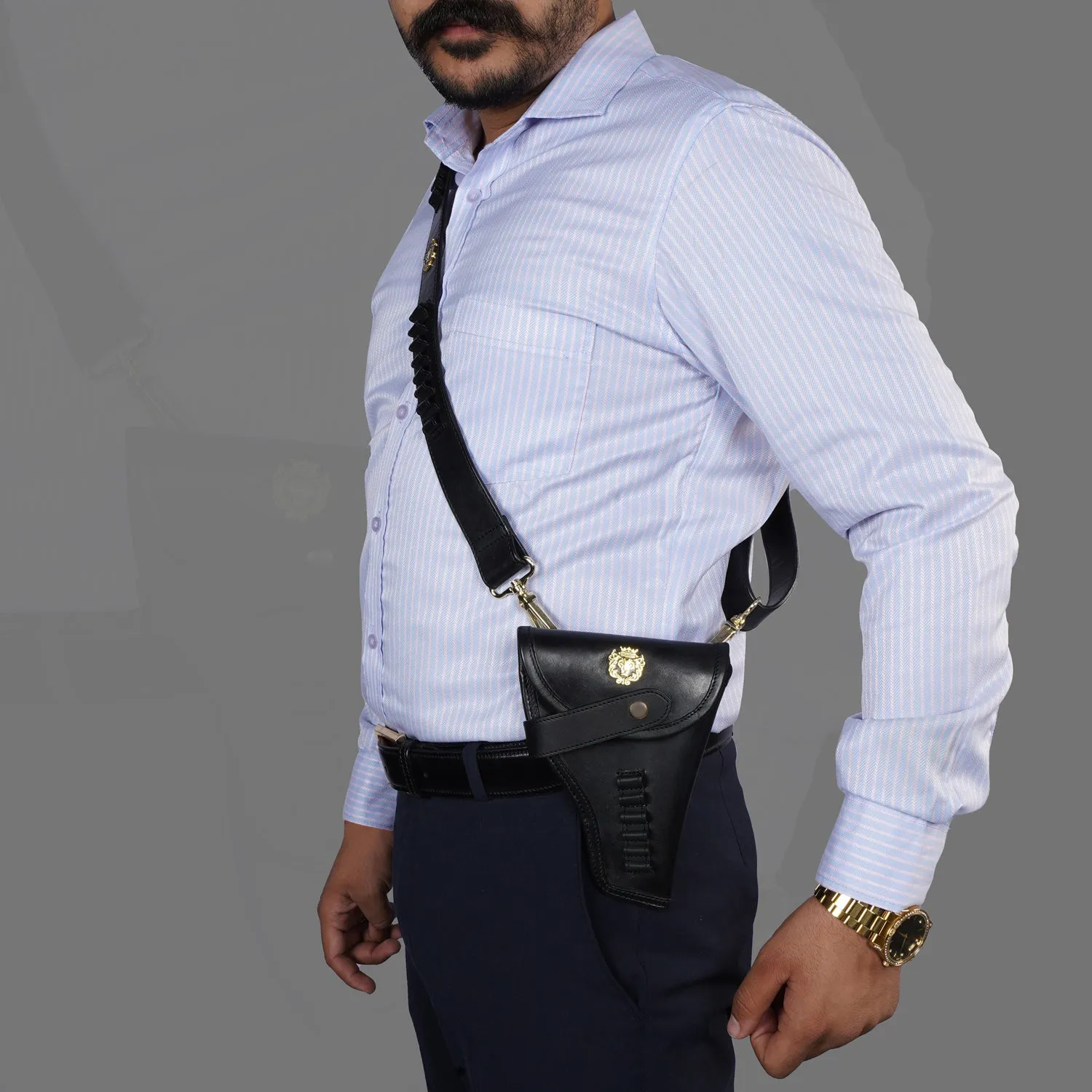Bullets Holder Gun Cover & Buckle Strap Black Genuine Leather Cover With Lion Logo (MTO)