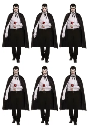 Bundle of 6 Black Dracula Long Capes with Collar - Halloween Unisex Scary Vampire Fancy Dress Costume Accessories