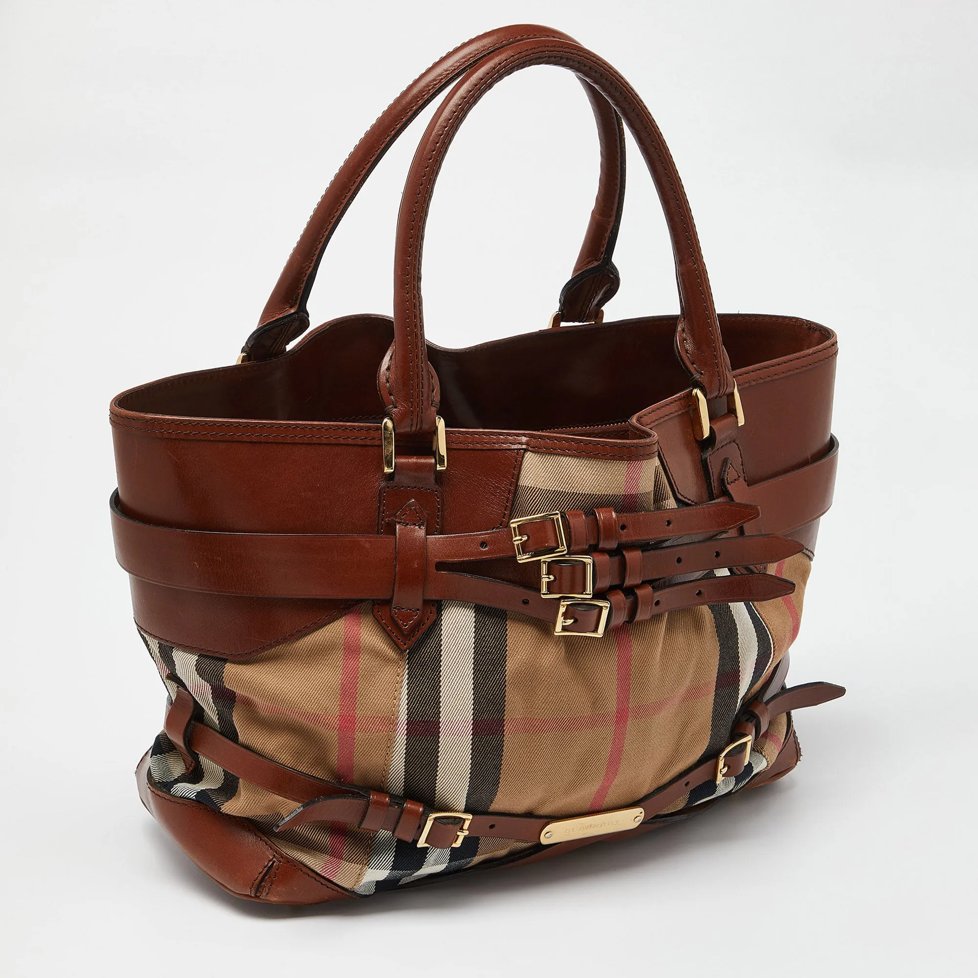 BURBERRY Beige/Brown House Check Canvas and Leather Medium Bridle Lynher Tote