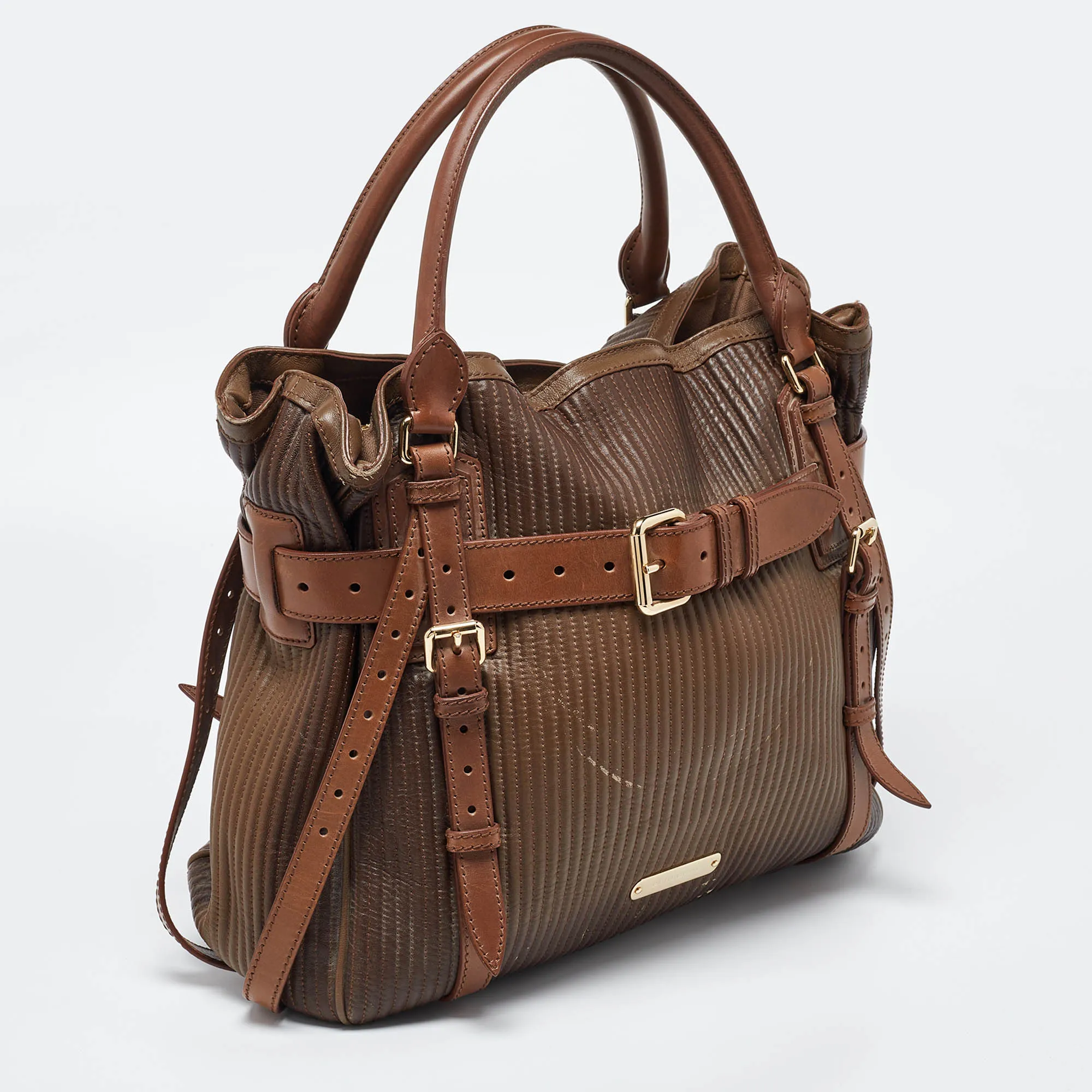 BURBERRY Two Tone Brown Leather Stitched Bridle Tote