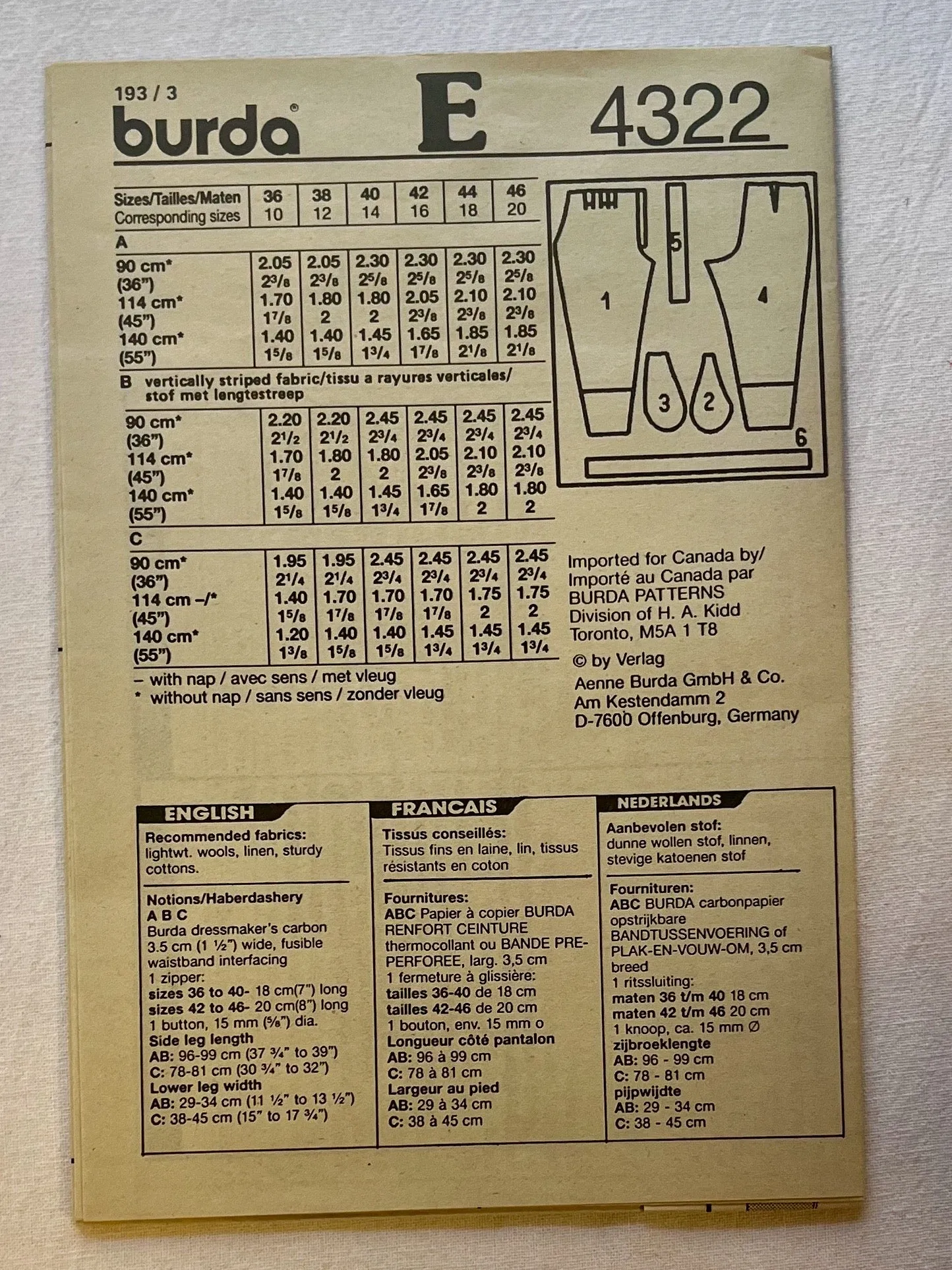 Burda 4322 UNCUT Adult Pants Sizes 10-20